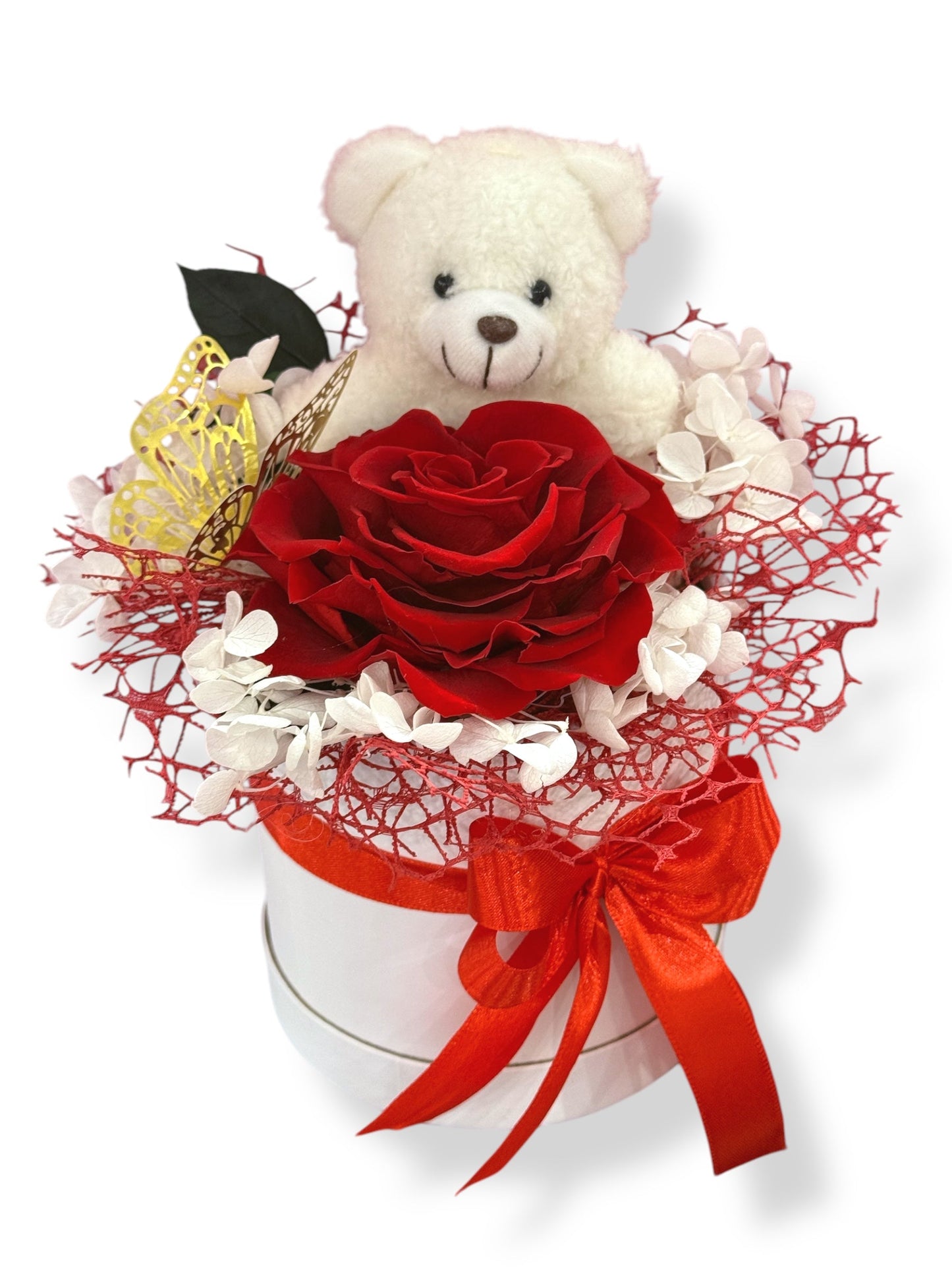 Rosa Éternelle avec Ours en Peluche – Cadeau Romantique en Boîte Élégante