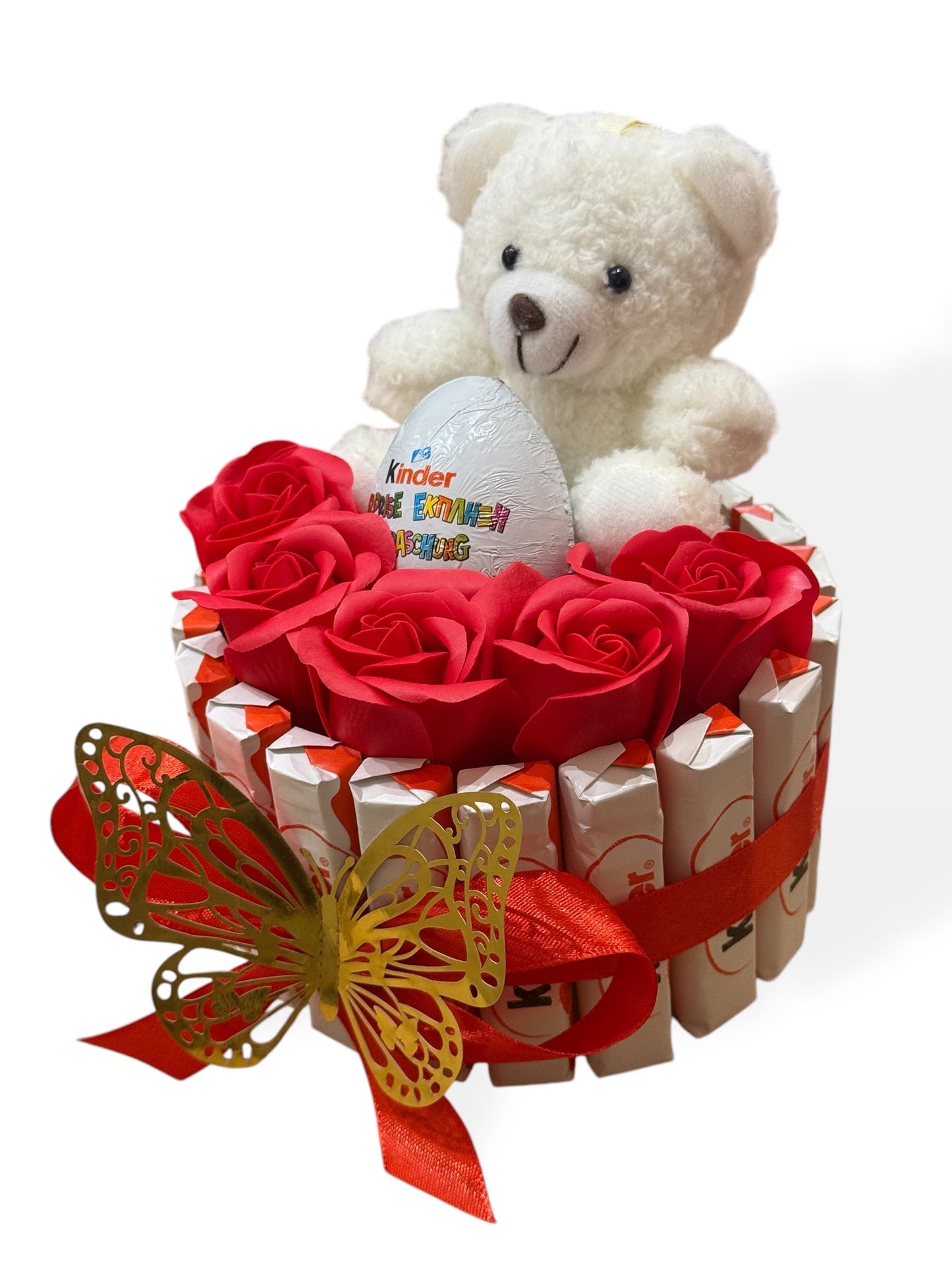 Coffret Cadeau avec Ours en Peluche, Œuf Kinder Surprise et Roses – Disponible en Marron ou Blanc