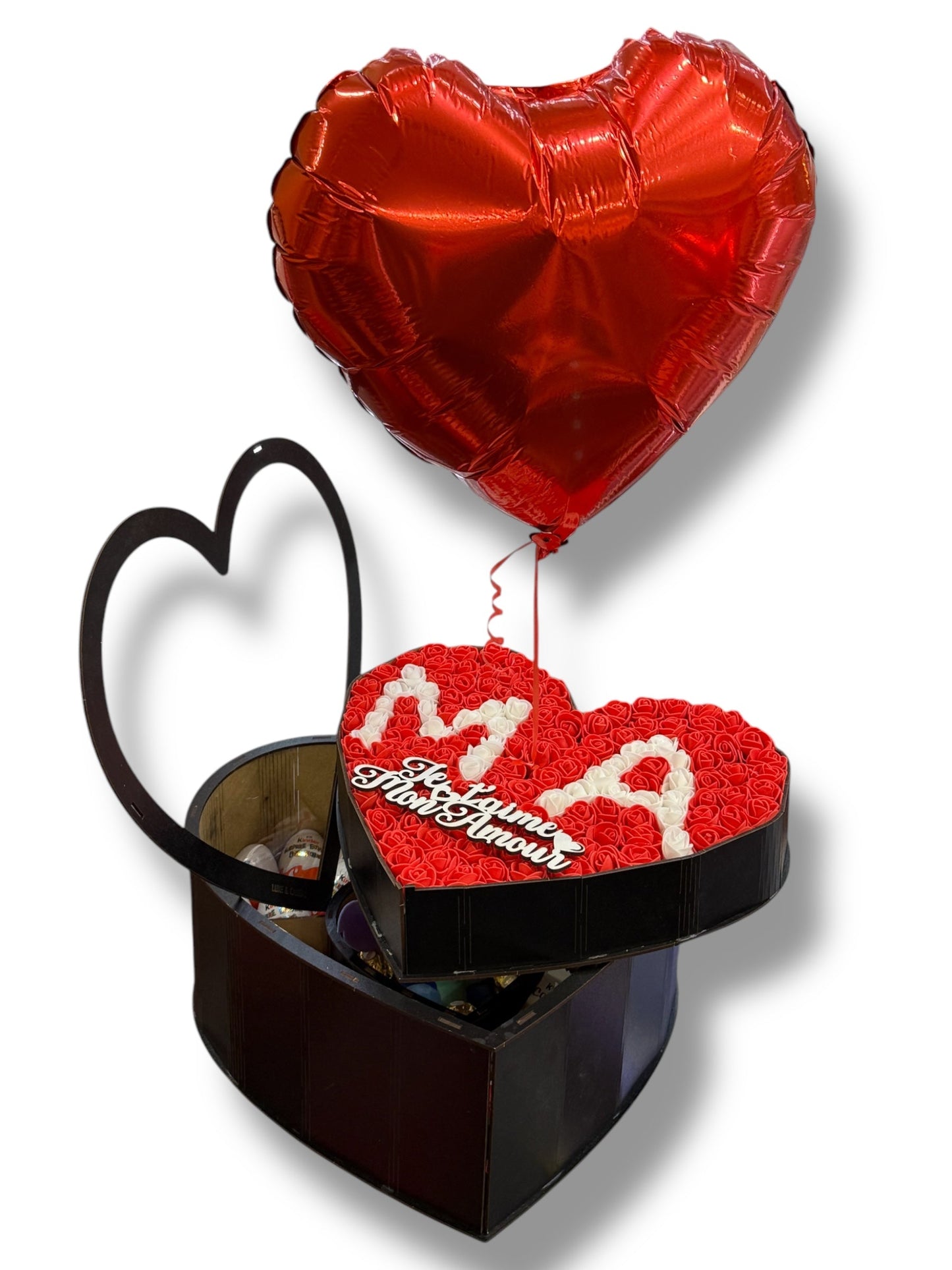Coffret Cadeau Cœur à Deux Étages – Bois Fait Main, Roses Artificielles, Chocolats, Peluche & Personnalisation