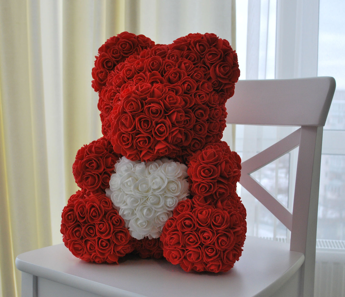 Ours en roses avec cœur 40cm Rouge