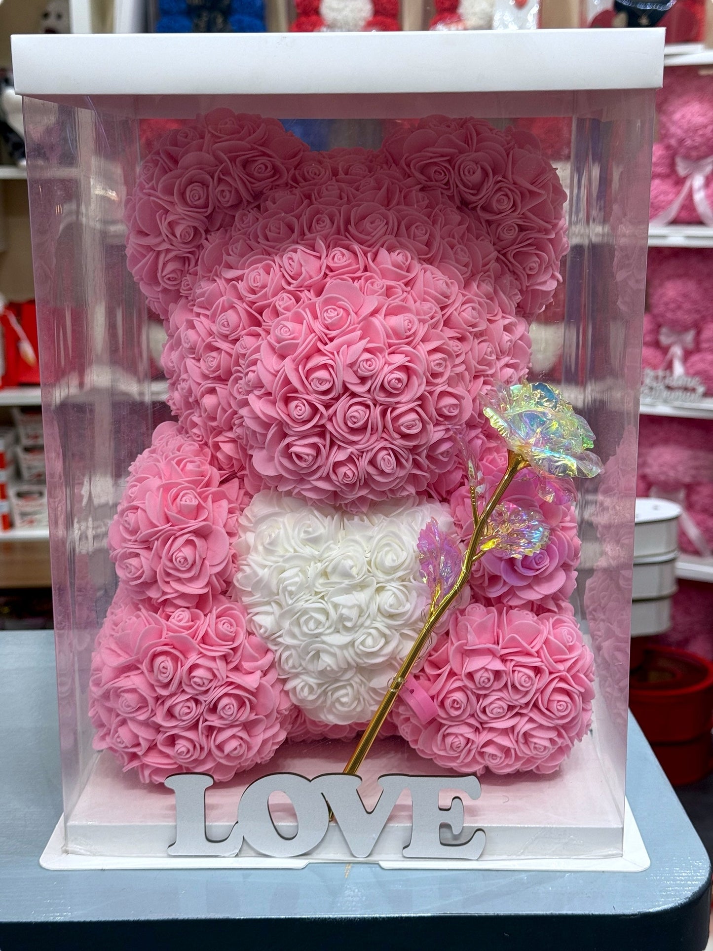 Ours en roses avec coeur 40cm Rose avec boîte