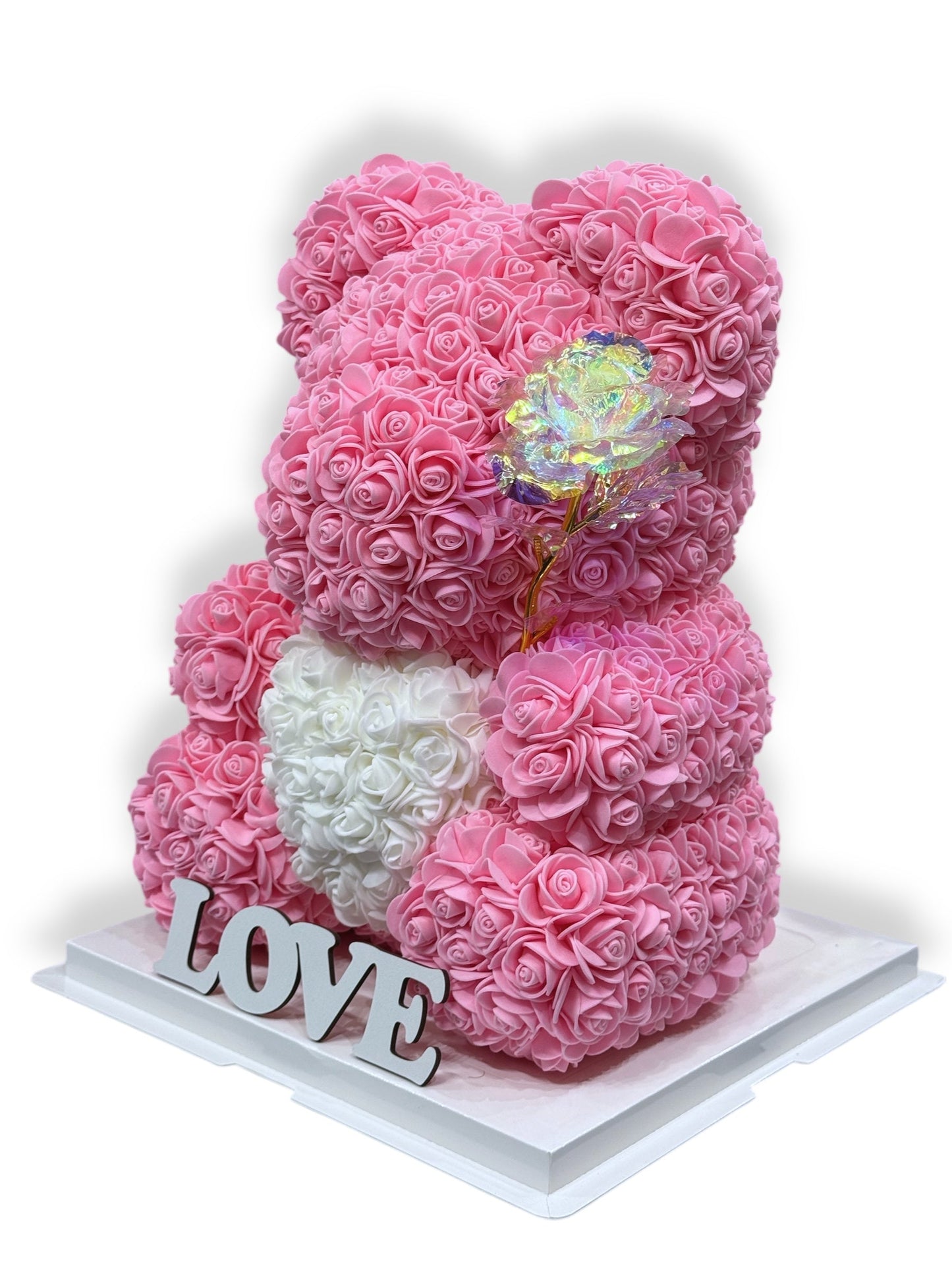 Ours en roses avec coeur 40cm Rose avec boîte