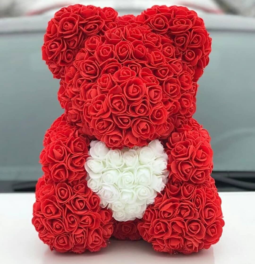 Ours en roses avec cœur 40cm Rouge