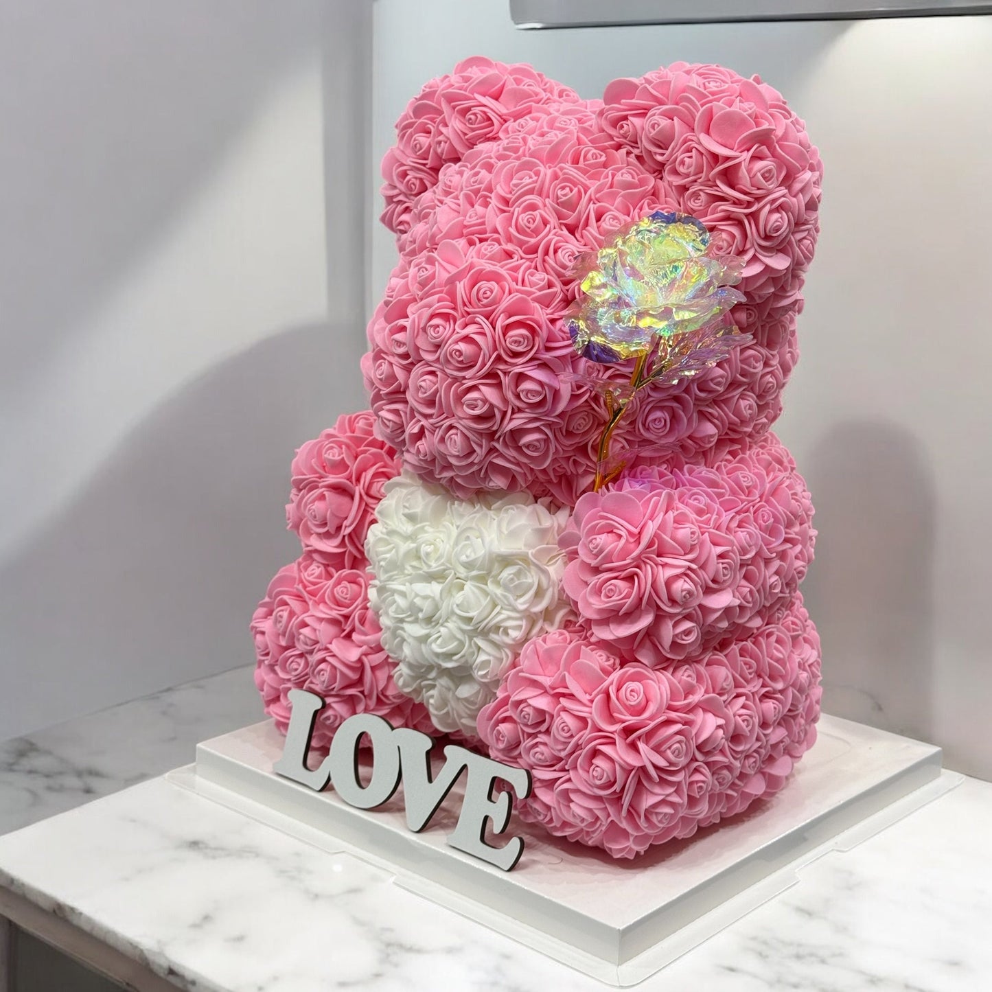 Ours en roses avec coeur 40cm Rose avec boîte