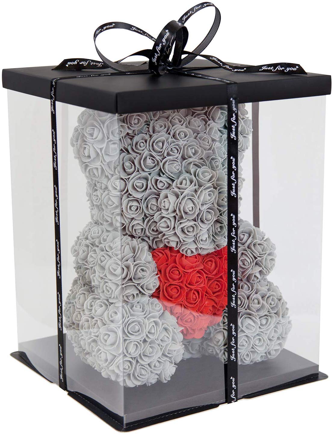 Ours en Roses Gris avec Cœur Rouge – Cadeau Romantique en Boîte Transparente