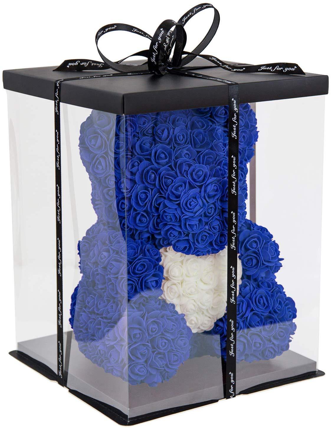 Ours en roses avec coeur 40 cm Bleu
