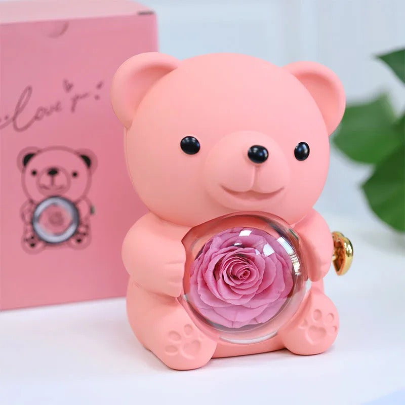 Nounours avec rose éternelle stabilisé + bijoux ♾️