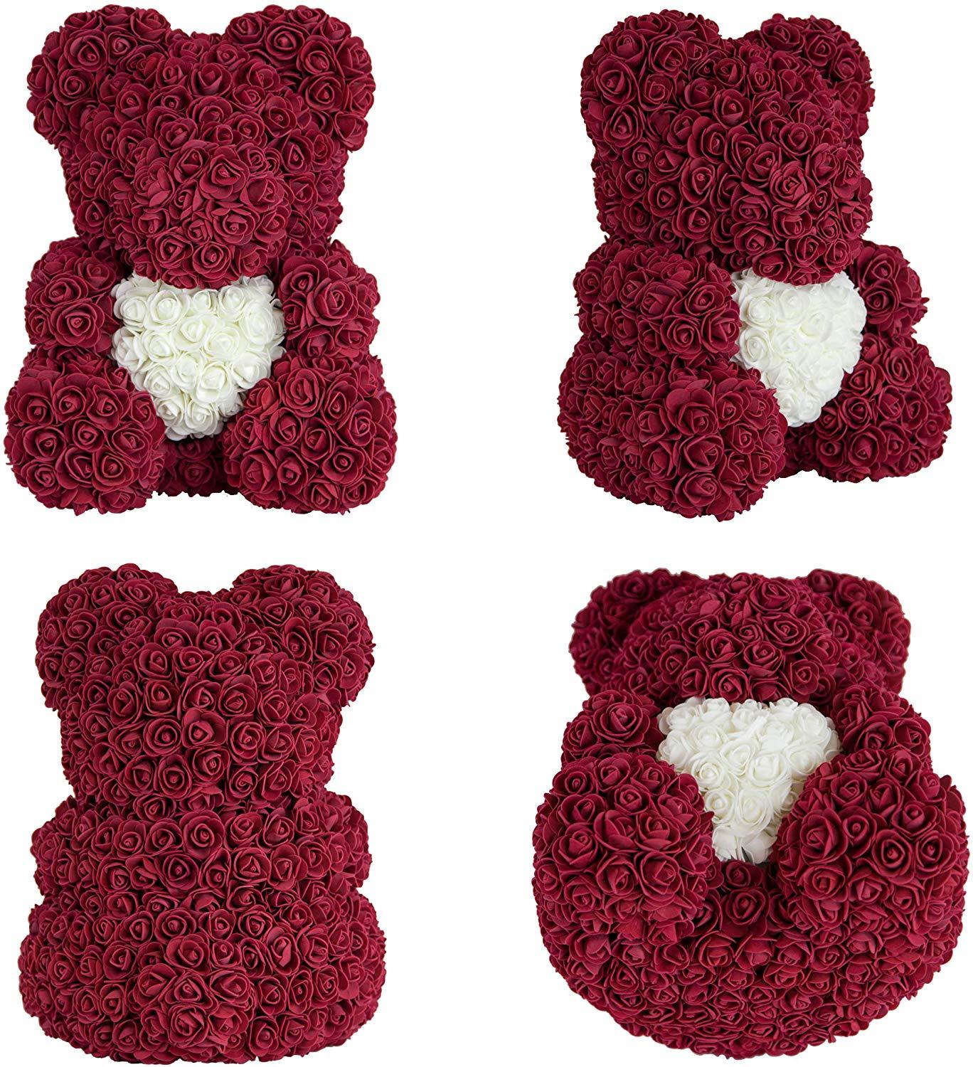 Ours en Roses Bordeaux avec Cœur Blanc – Grand Modèle 600 Roses, Fait Main en France