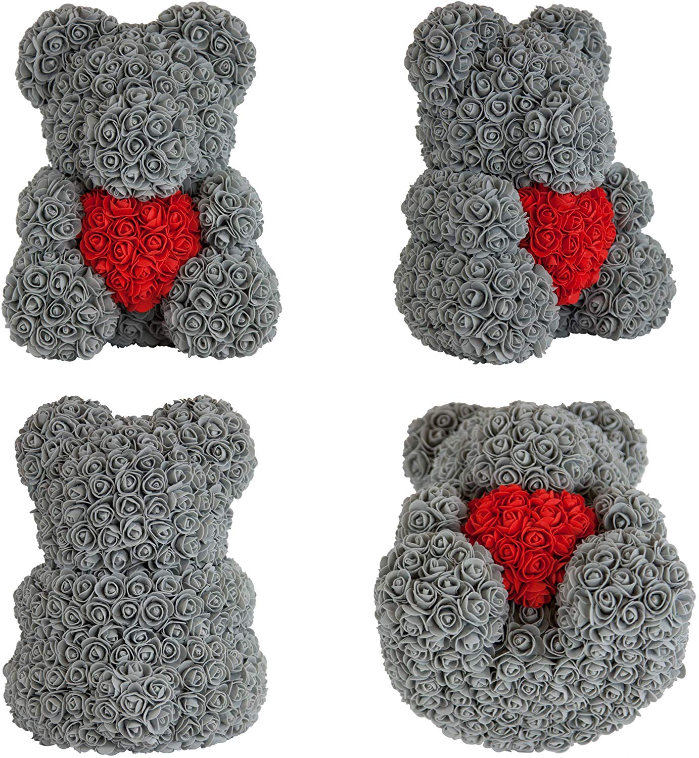 Ours en Roses Gris avec Cœur Rouge – Cadeau Romantique en Boîte Transparente