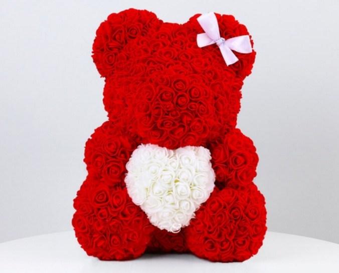 Ours en roses avec cœur 40cm Rouge