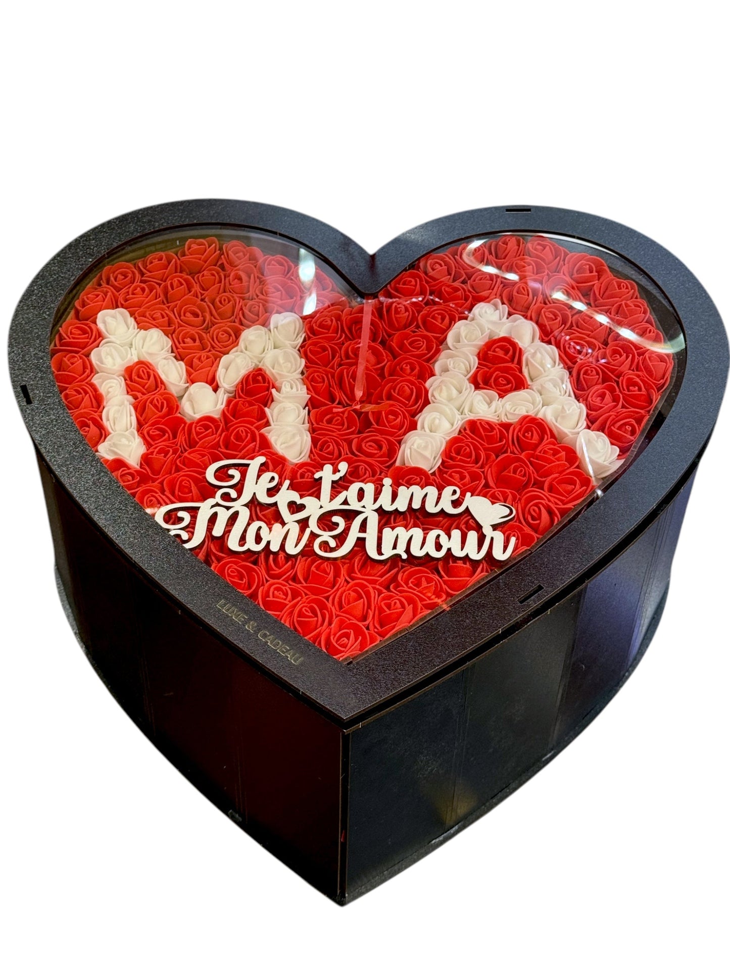Coffret Cadeau Cœur à Deux Étages – Bois Fait Main, Roses Artificielles, Chocolats, Peluche & Personnalisation