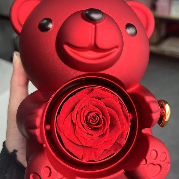 Nounours avec rose éternelle stabilisé + bijoux ♾️