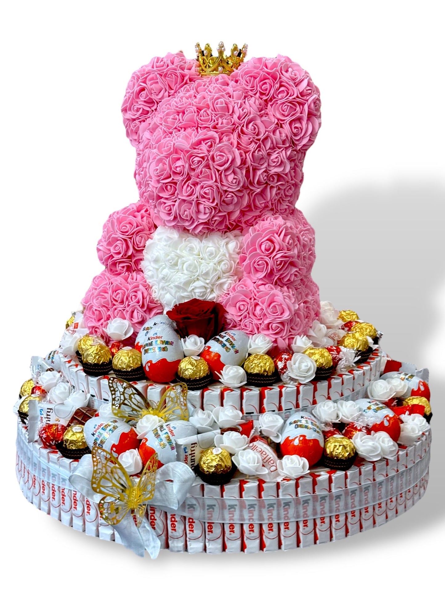 Ours en Roses avec Présentoir de Chocolats - Cadeau de Luxe 50x55 cm