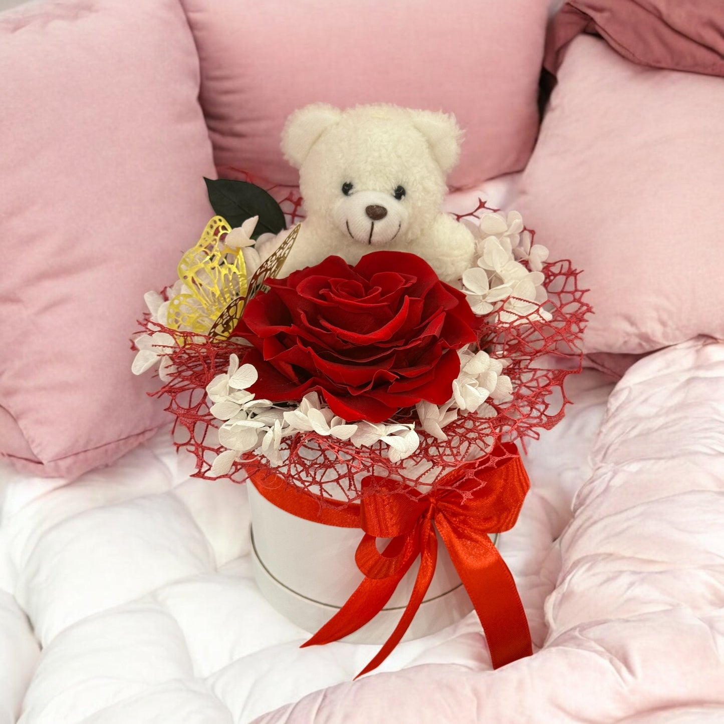 Rosa Éternelle avec Ours en Peluche – Cadeau Romantique en Boîte Élégante