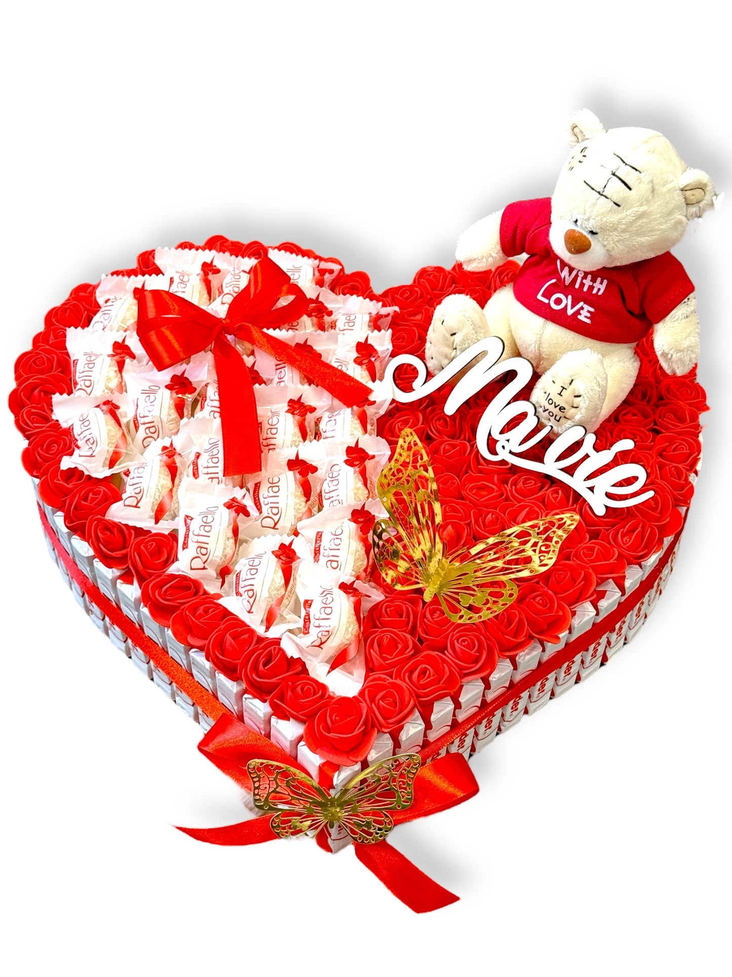Coffret cœur Raffaello avec ourson, roses et papillon – Cadeau romantique personnalisé