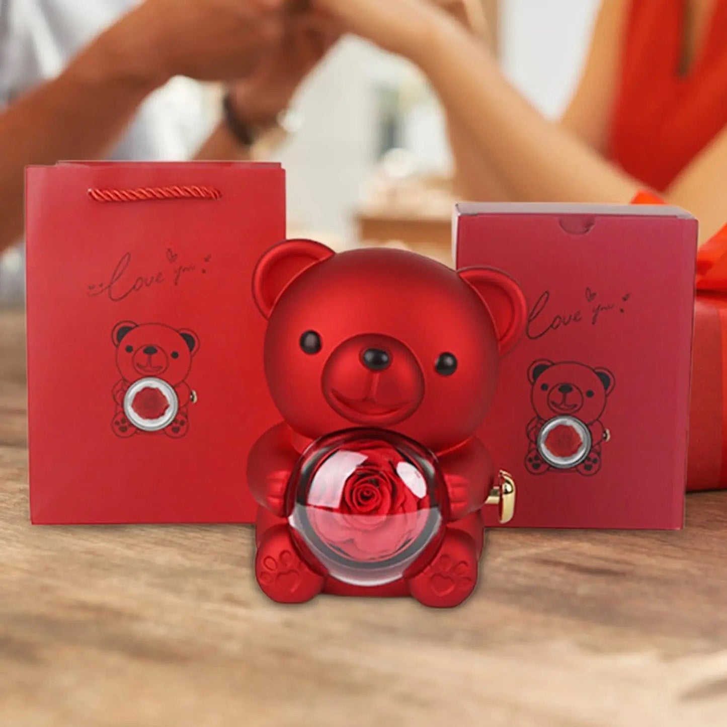 Nounours avec rose éternelle stabilisé + bijoux ♾️
