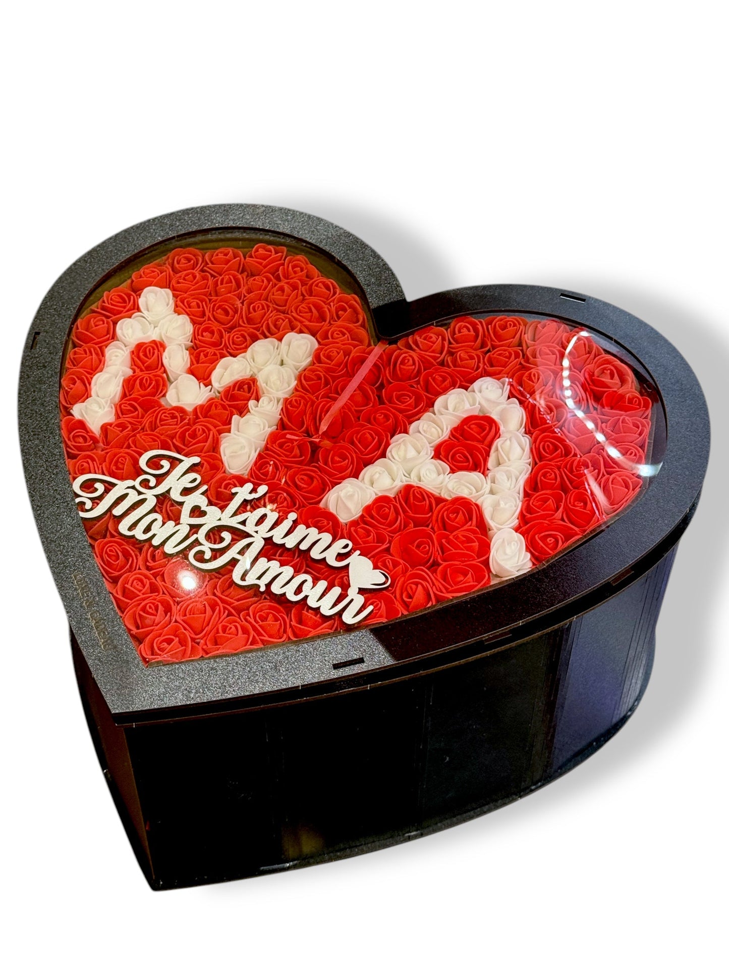 Coffret Cadeau Cœur à Deux Étages – Bois Fait Main, Roses Artificielles, Chocolats, Peluche & Personnalisation