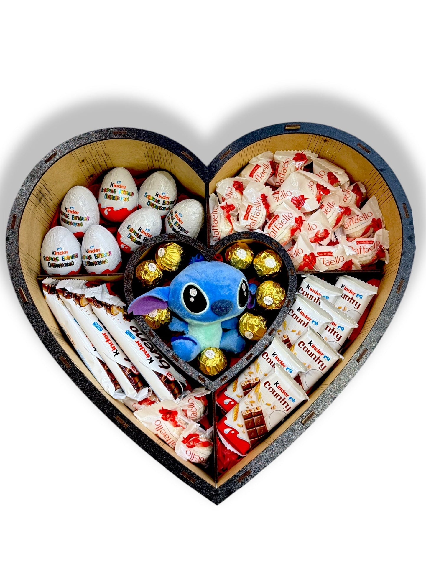 Coffret Cadeau Cœur à Deux Étages – Bois Fait Main, Roses Artificielles, Chocolats, Peluche & Personnalisation