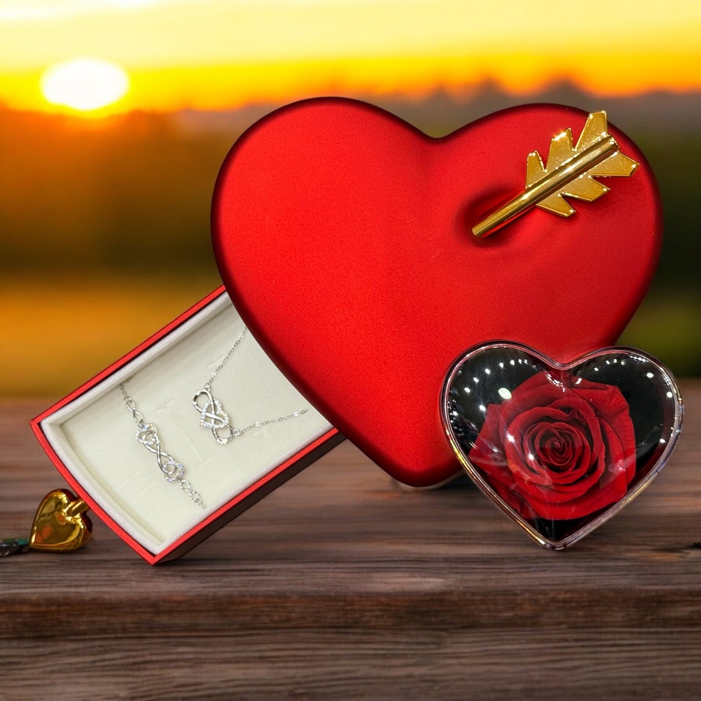 Coeur avec rose éternelle stabilisé et bijoux