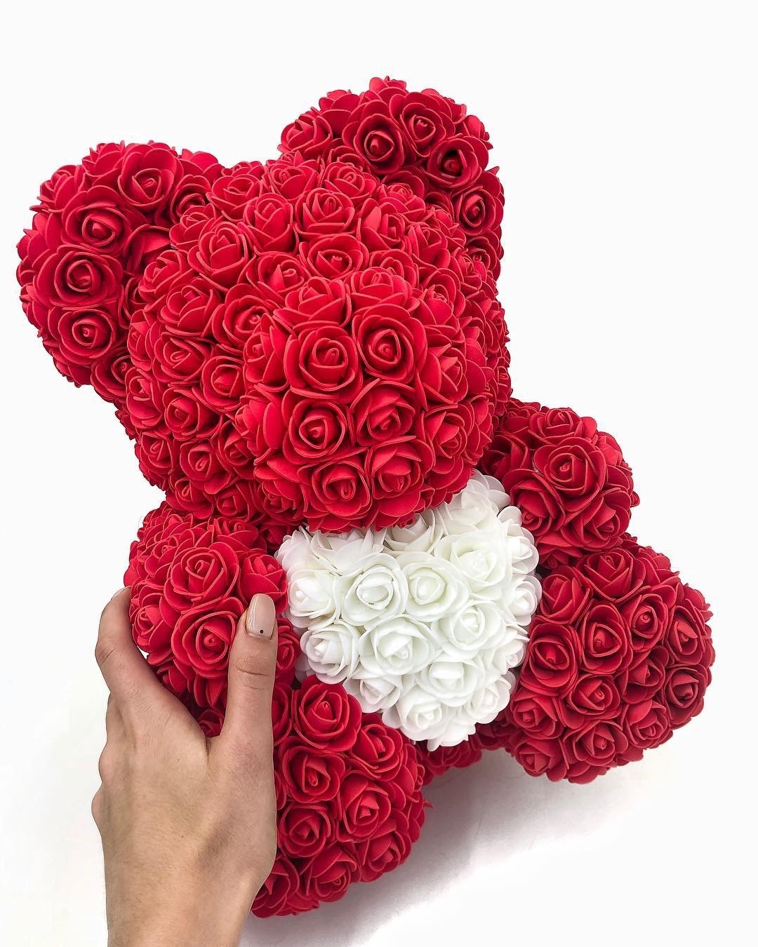 Ours en roses avec cœur 40cm Rouge