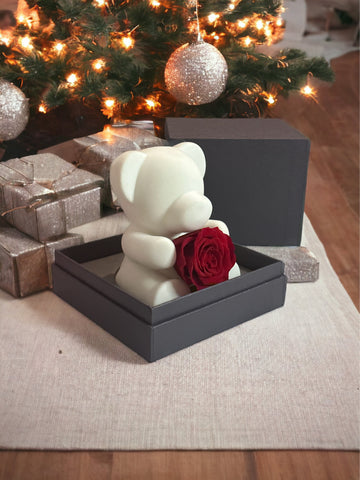Ourson • Romantique • avec bouquet rose stabilisé