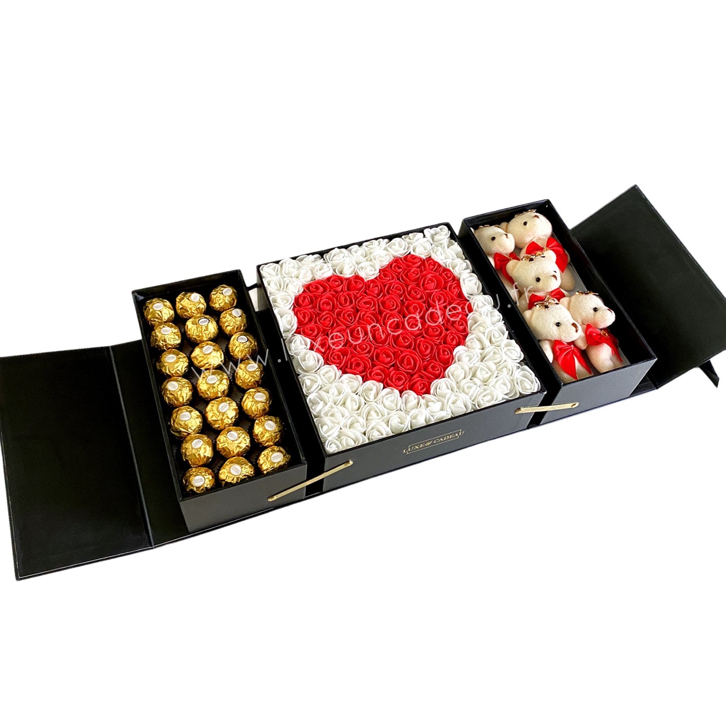 Coffret Cadeau Surprise Luxe avec Chocolats et Peluches – 5 Oursons et Cœur de Roses