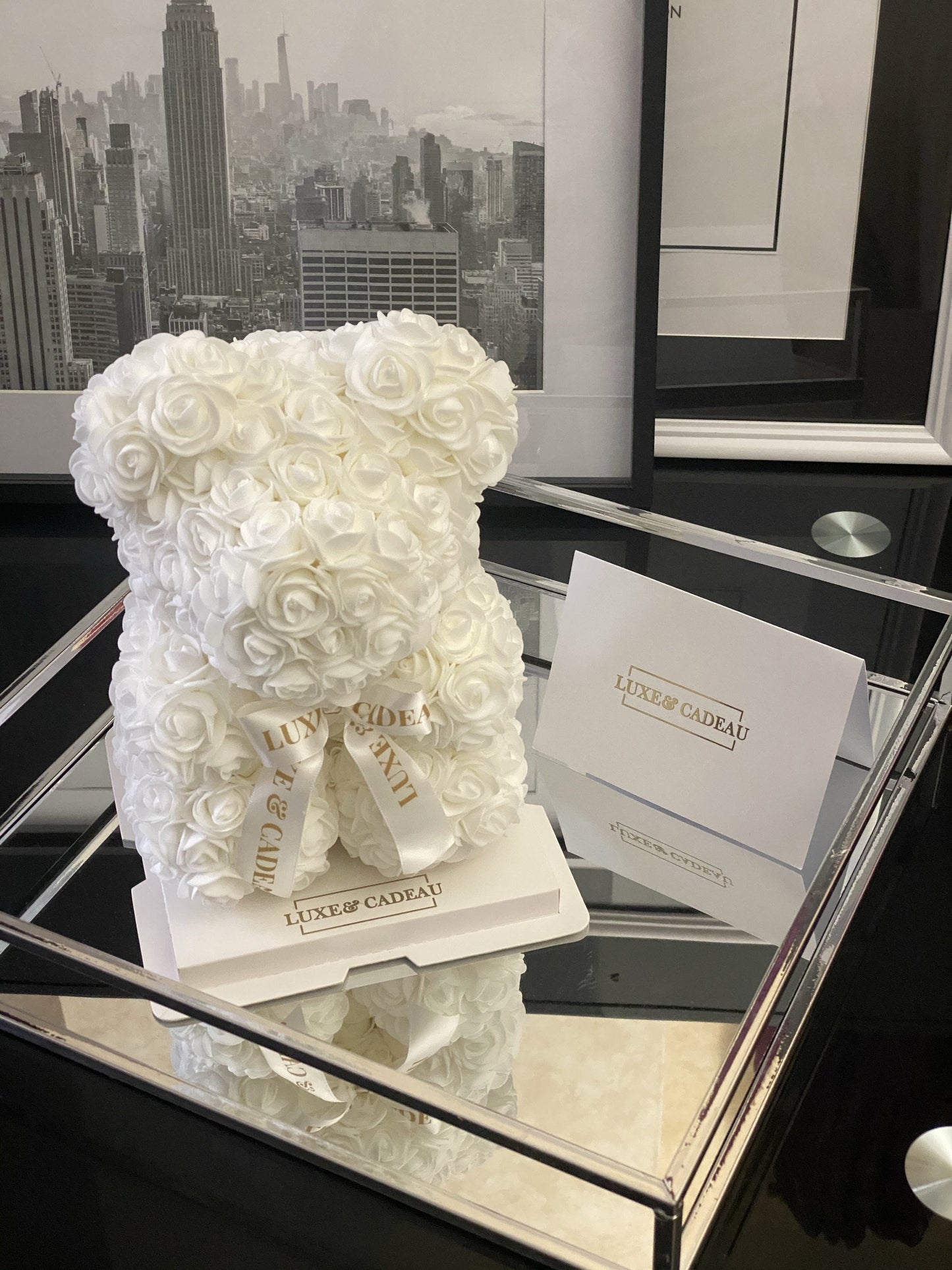 Ours en roses 25 cm Blanc