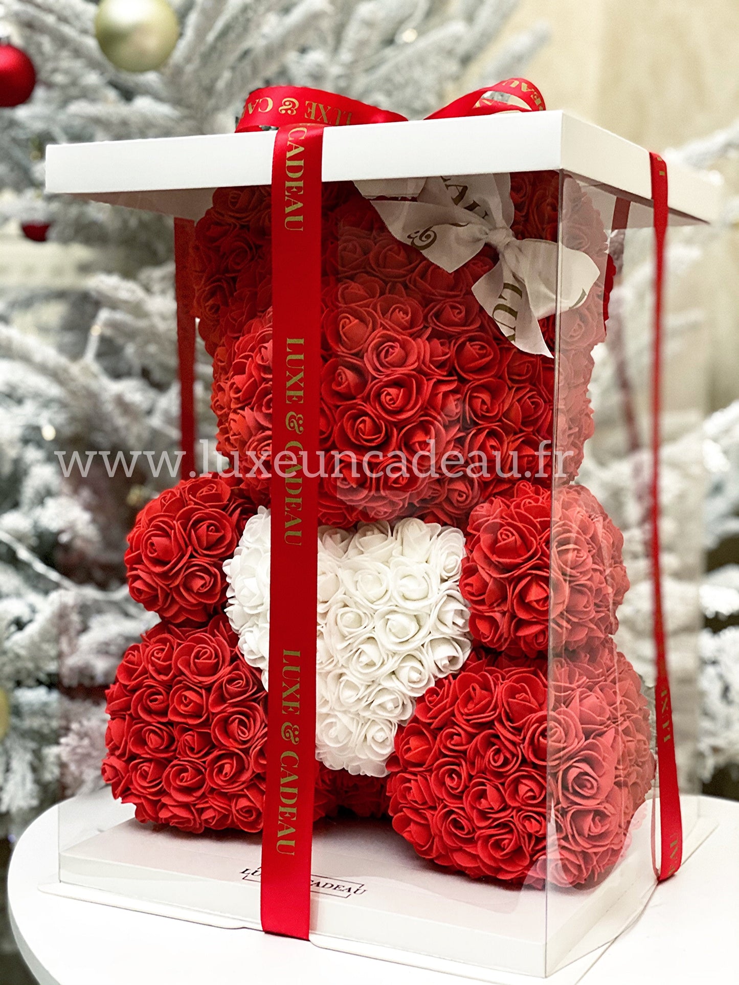 Ours en roses avec cœur 40cm Rouge