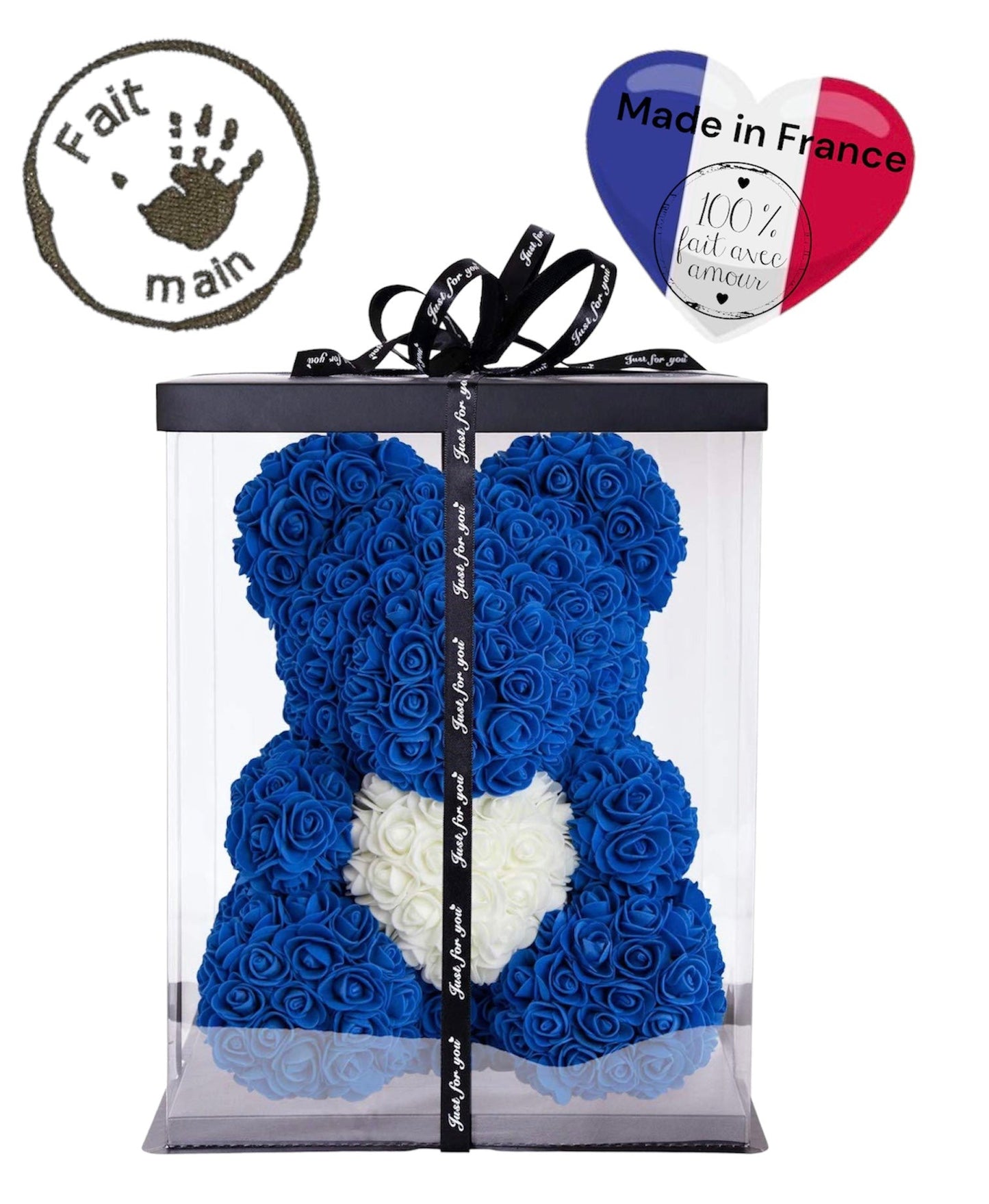 Ours en roses bleues de 40 cm avec ruban ‘LUXE & CADEAU’, fait main en France.