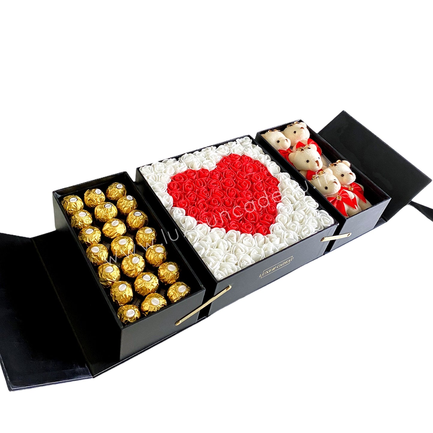 Coffret Cadeau Surprise Luxe avec Chocolats et Peluches – 5 Oursons et Cœur de Roses