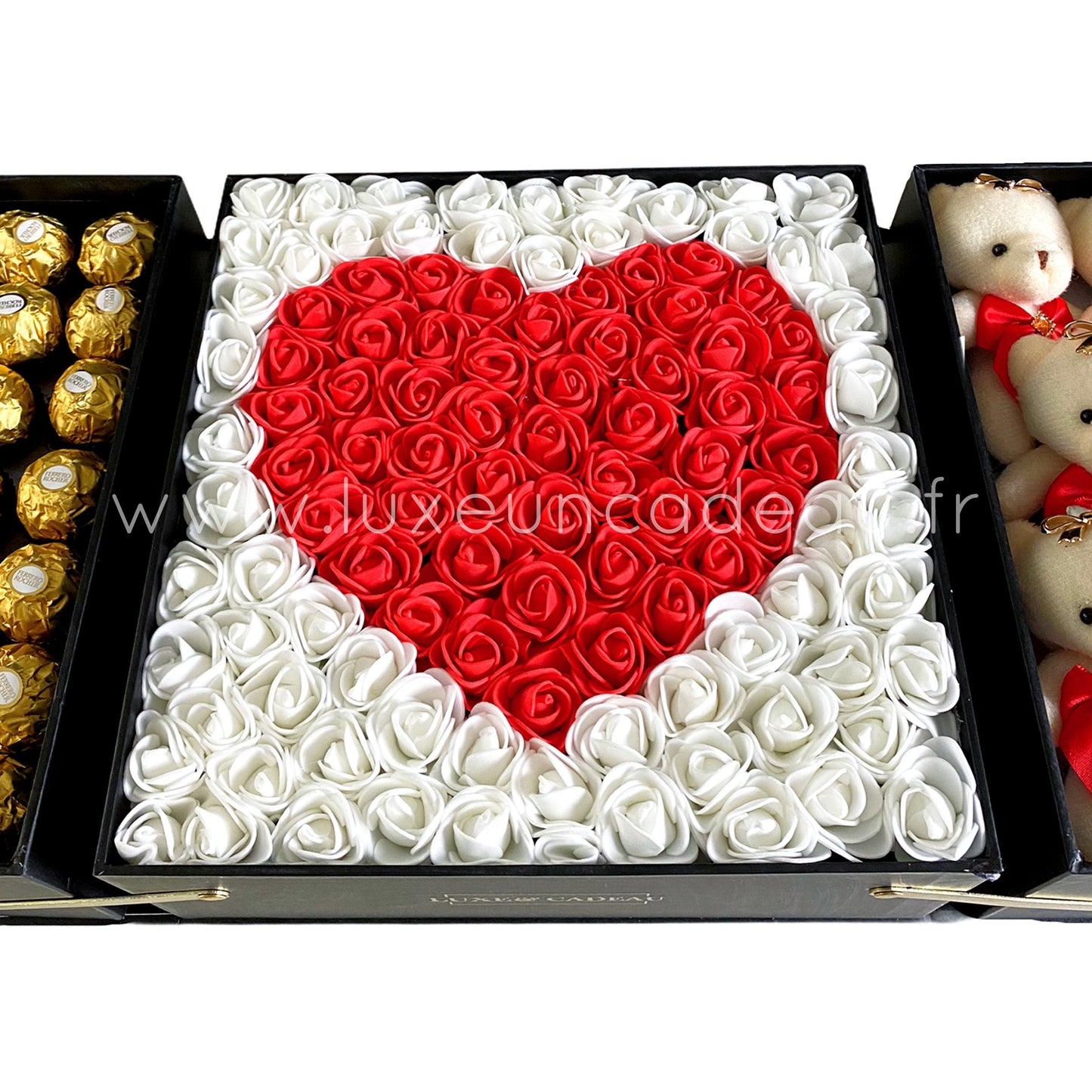 Coffret Cadeau Surprise Luxe avec Chocolats et Peluches – 5 Oursons et Cœur de Roses
