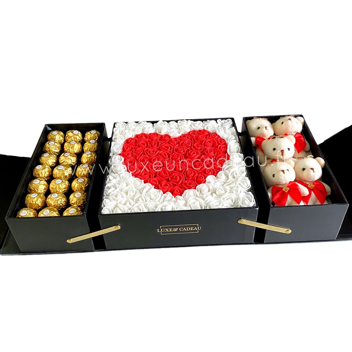 Coffret Cadeau Surprise Luxe avec Chocolats et Peluches – 5 Oursons et Cœur de Roses
