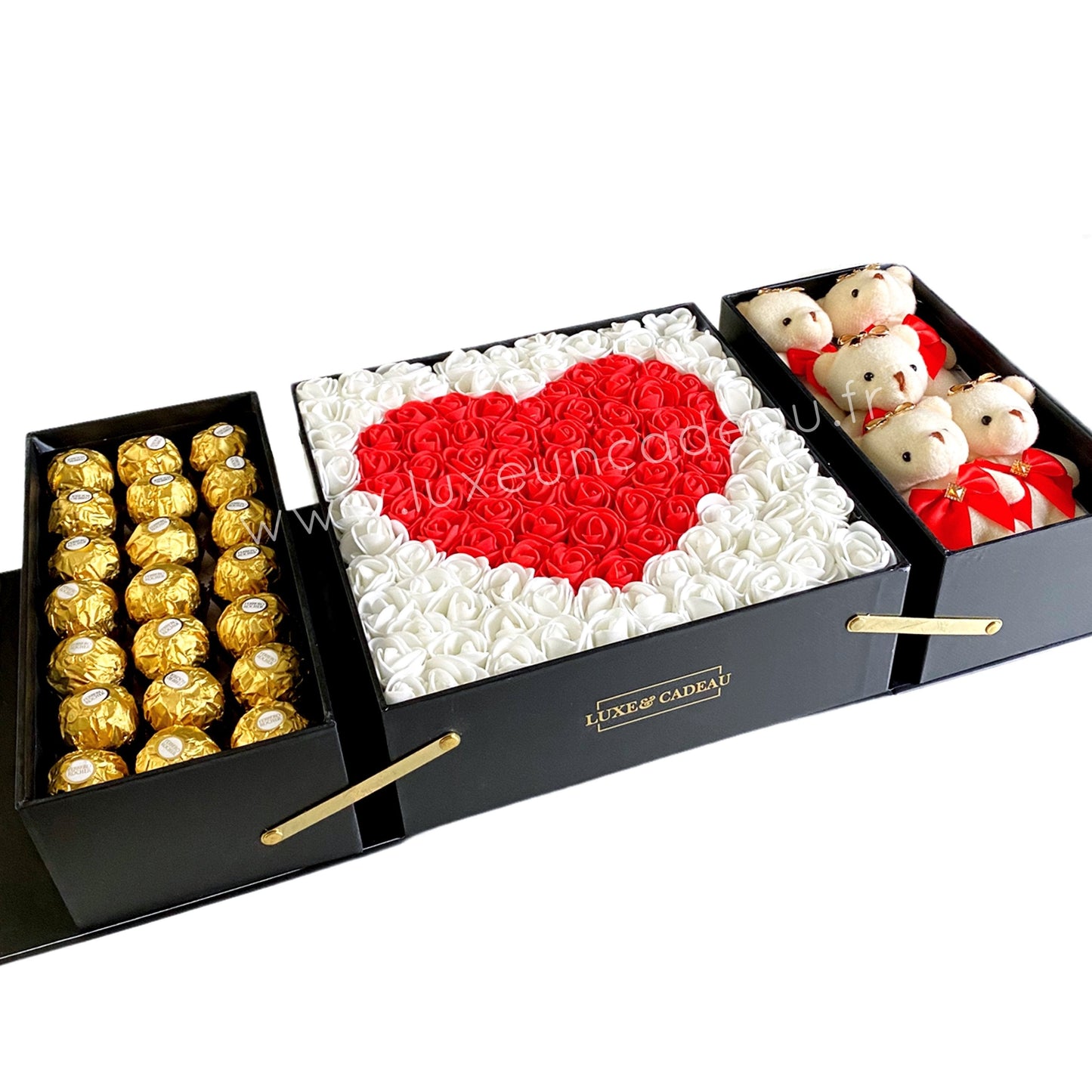 Coffret Cadeau Surprise Luxe avec Chocolats et Peluches – 5 Oursons et Cœur de Roses