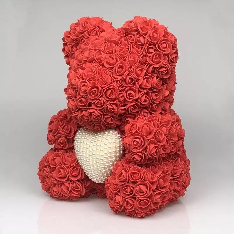 Ours en roses avec cœur perles 40 cm Rouge
