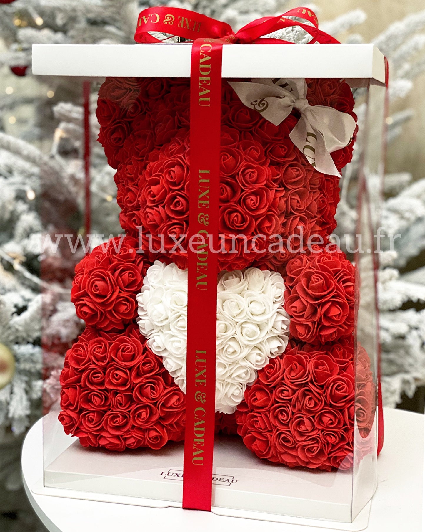 Ours en roses avec cœur 40cm Rouge