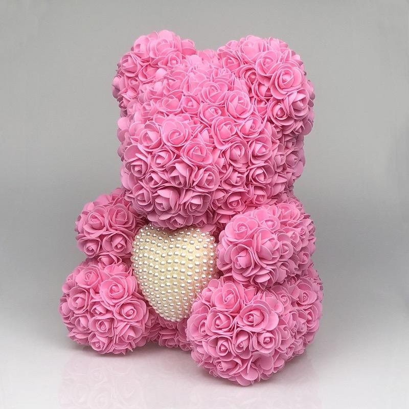 Ours en roses avec cœur perles 40 cm Rouge