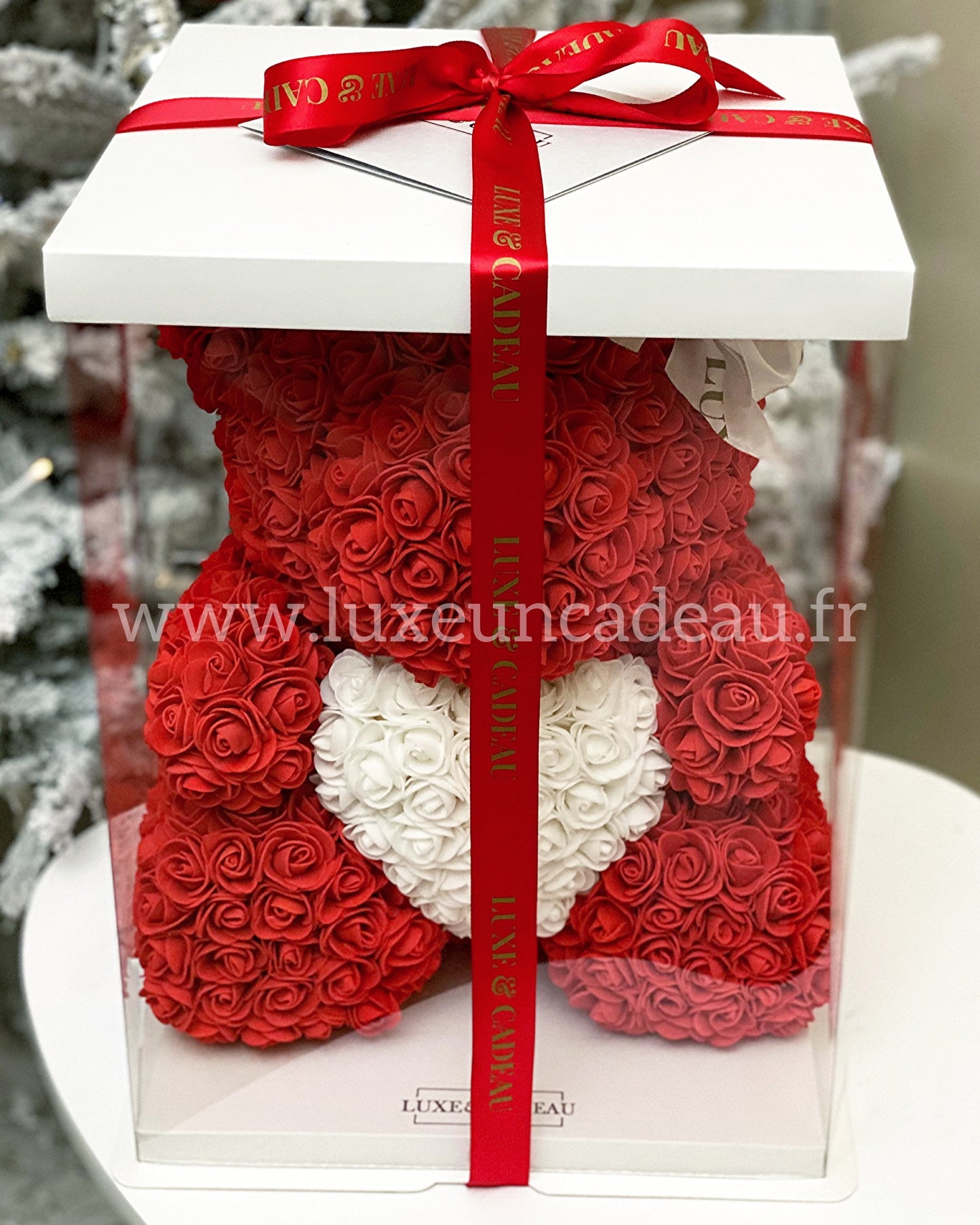 Ours en roses avec cœur 40cm Rouge