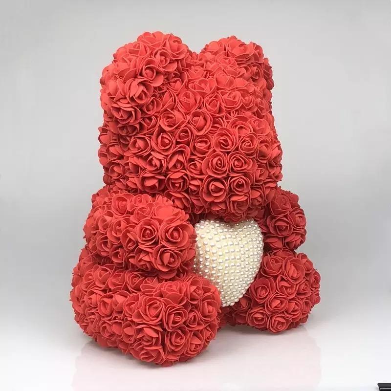Ours en roses avec cœur perles 40 cm Rouge
