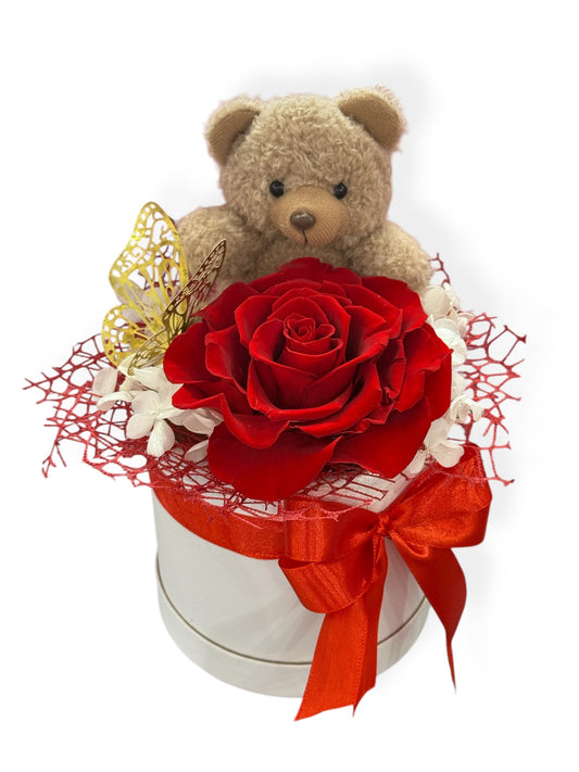 Rosa Éternelle avec Ours en Peluche – Cadeau Romantique en Boîte Élégante