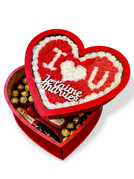 Coffret Cadeau en Bois en Forme de Cœur – Fait Main – Deux Étages – Chocolats, Champagne, Ours en Peluche et Roses Décoratives