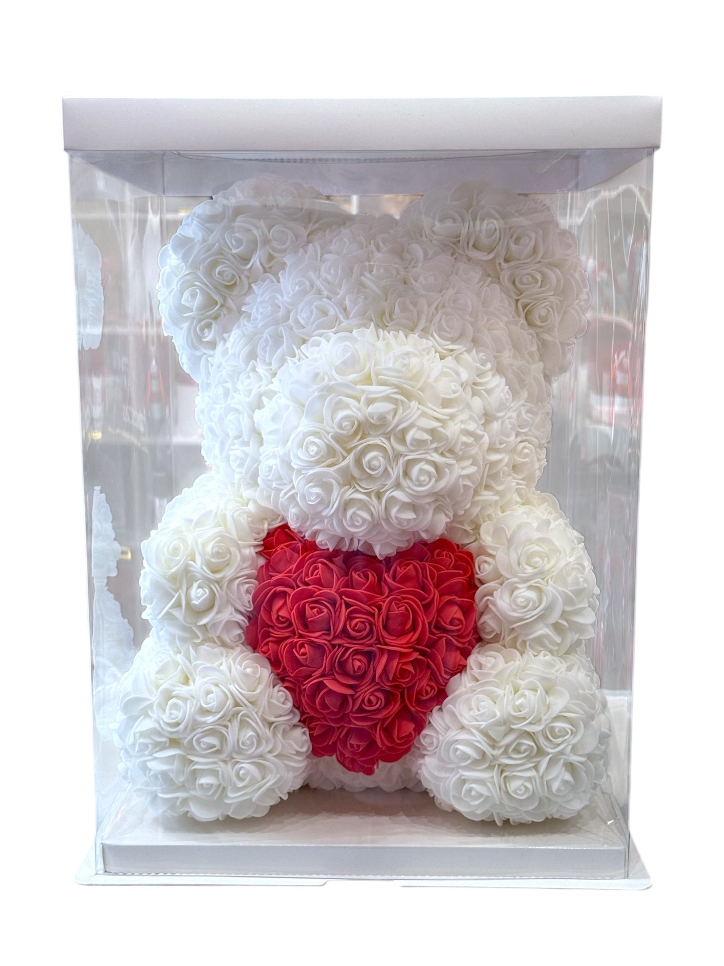 Ourson en Roses Artificielles avec Cœur Rouge – Cadeau Romantique Unique