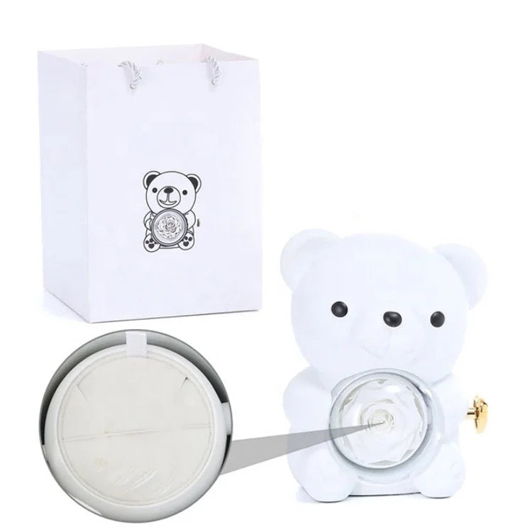 Nounours avec rose éternelle stabilisé + bijoux ♾️