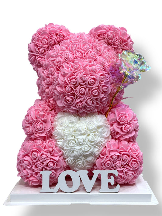Ours en roses avec coeur 40cm Rose avec boîte