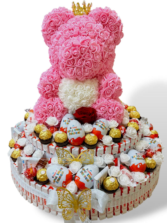 Ours en Roses avec Présentoir de Chocolats - Cadeau de Luxe 50x55 cm