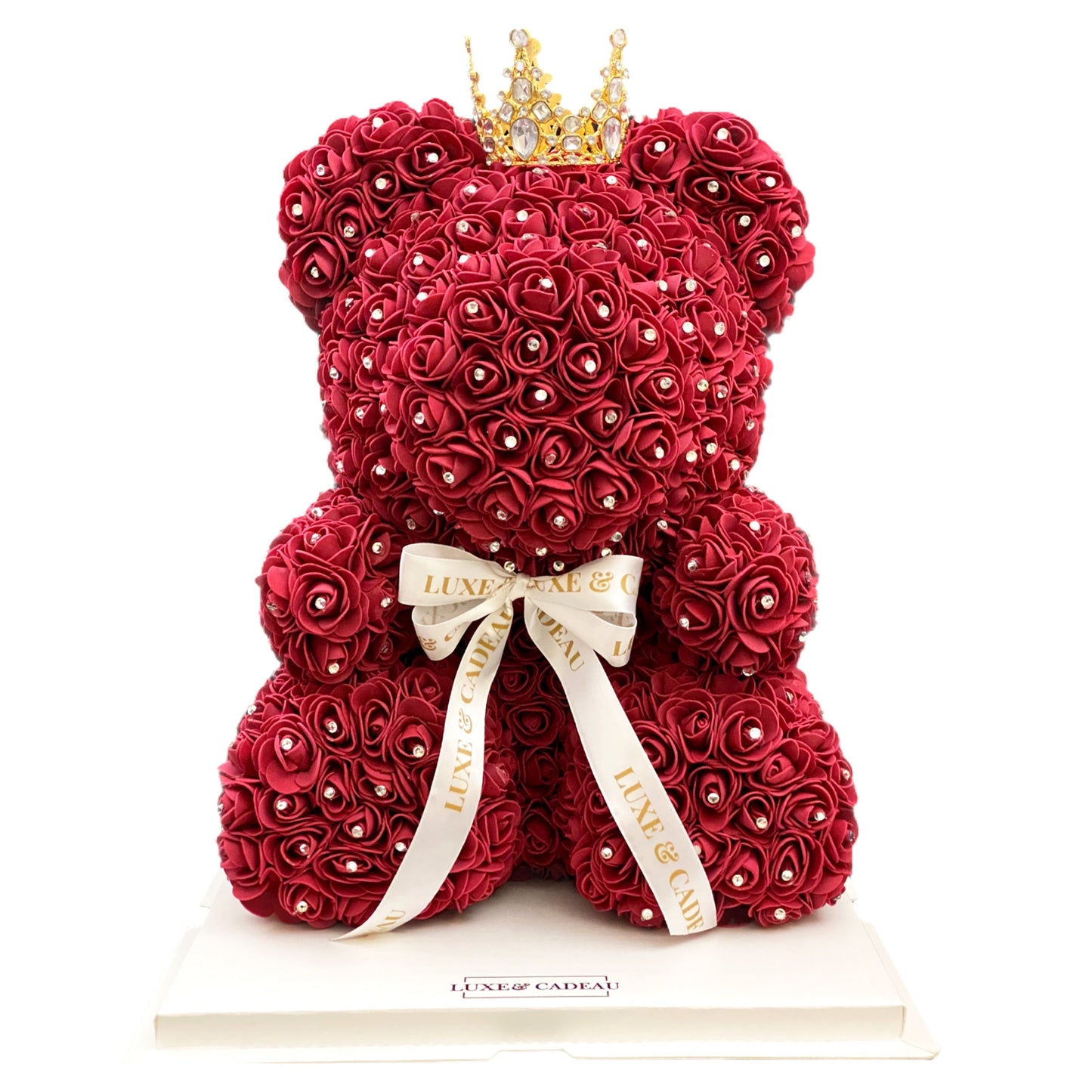 Ours en Roses Bordeaux avec Strass et Couronne – Grand Modèle 40 cm en Boîte Cadeau