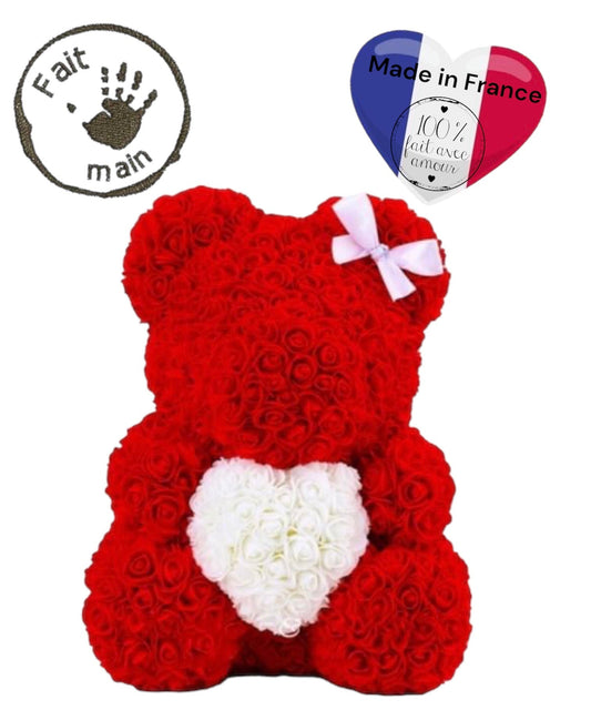 Ours en roses avec cœur 40cm Rouge